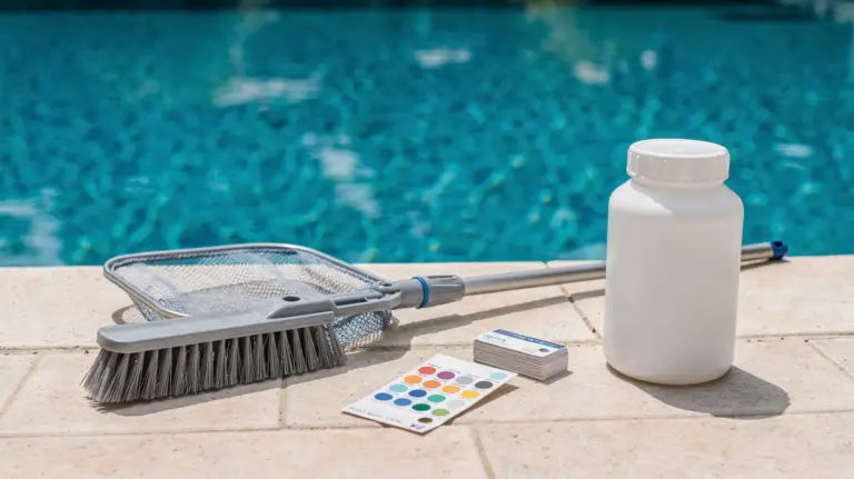 Poolpflege-Zubehör gegen Algenprobleme: Bürste, Kescher und Teststreifen am Poolrand