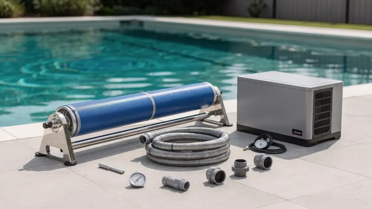 Poolheizung-Zubehör am Schwimmbecken: Abdeckung, Wärmepumpe und Zubehör zur Verbesserung der Wassertemperatur