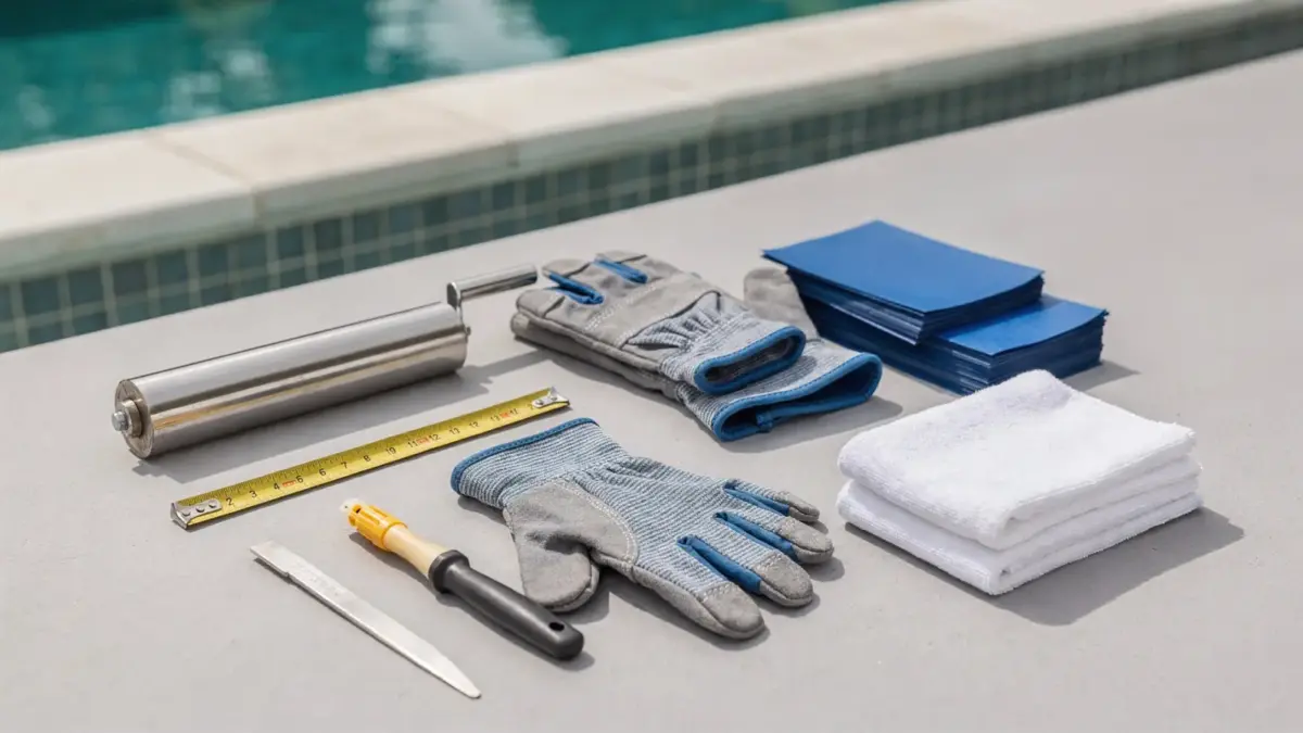 Poolfolie-Zubehör für Montage, Schutz und Reparatur neben einem Poolrand mit Werkzeugen und Flickmaterial