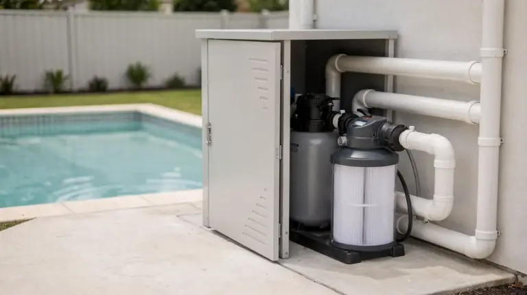 Leise Pool-Zubehör: Pumpen, Filter und Schalldämmung am Pooltechnik-Bereich