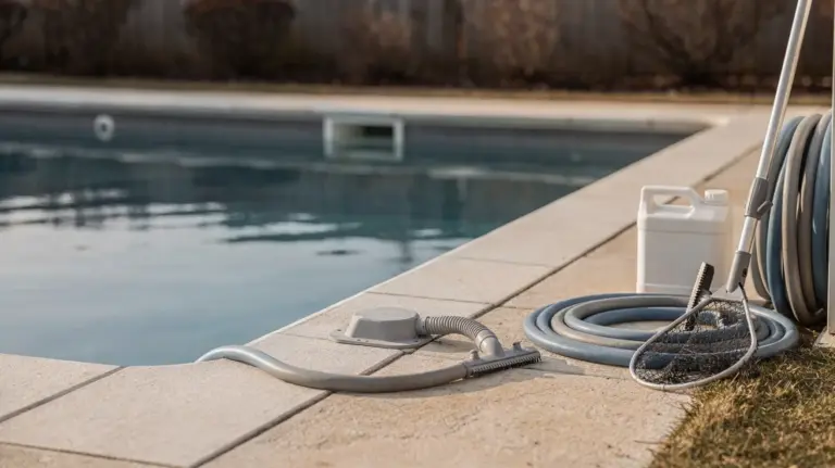 Eingelassener Pool beim Einwintern mit abgesenktem Wasserstand und Technik für Frostschutz
