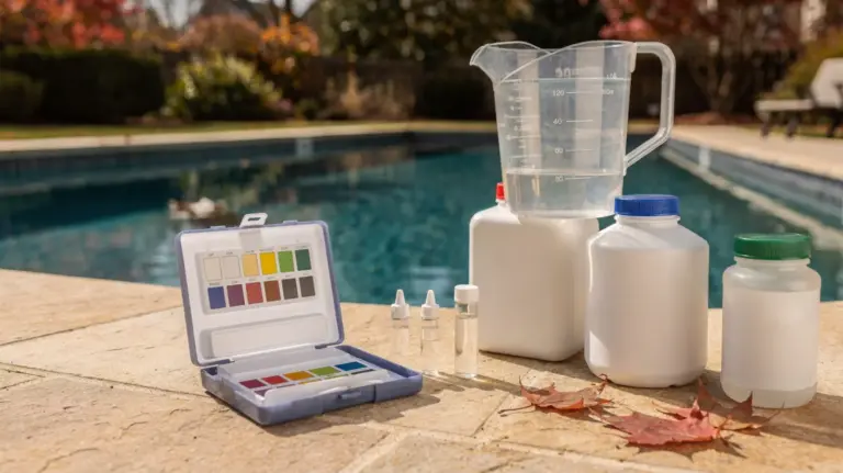 Poolpflege im Herbst mit Testkit und Messbecher zur Erhöhung der Alkalinität vor dem Winter