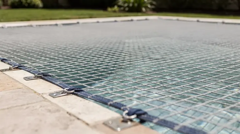 Pool-Sicherheitsnetz über einem Gartenpool mit sichtbaren Befestigungspunkten