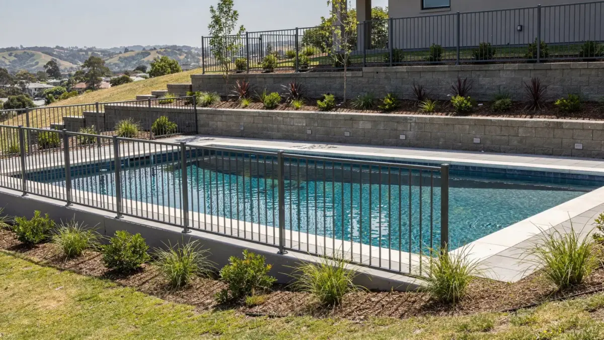Hanglagen-Pool im Garten mit Abstand zur Böschung und Sicherheitsgeländer zu den Regeln und Sicherheitsanforderungen