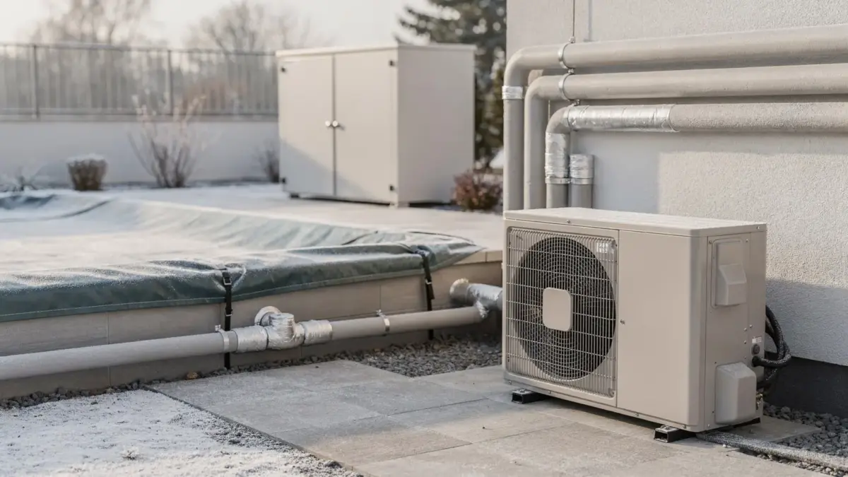 Pooltechnik im Winter sichern: Wärmepumpe und Dosieranlage mit Frostschutz abgedeckt