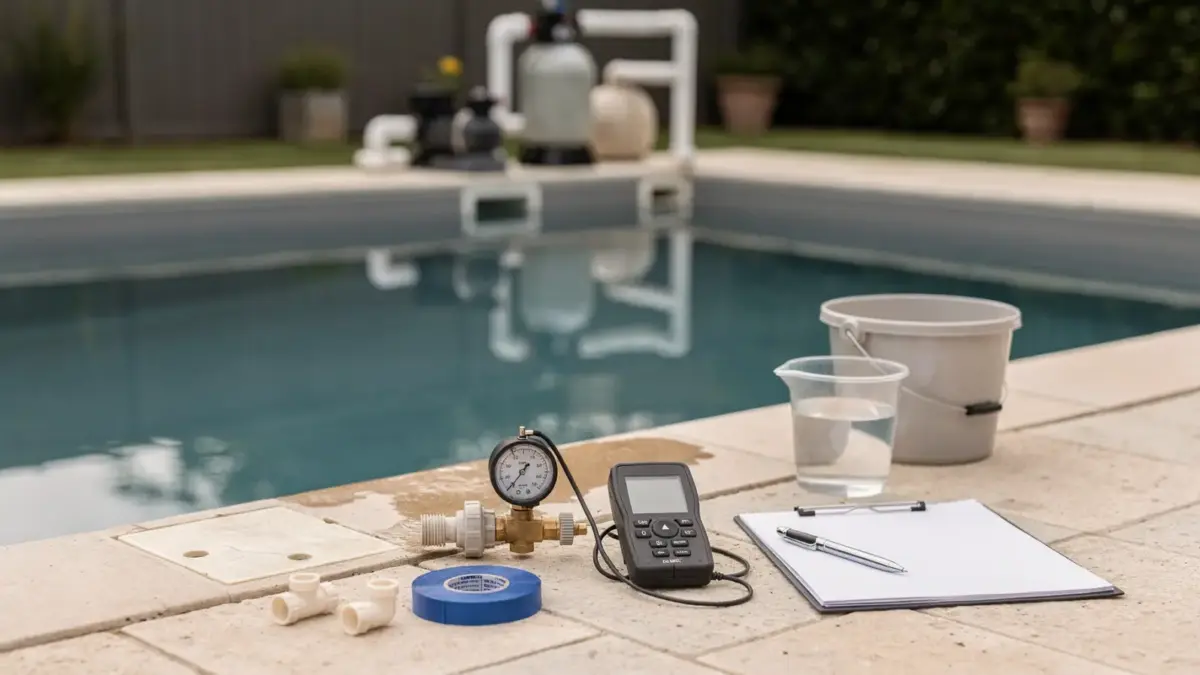 Pool-Leck erkennen: Techniker prüft Pool, Pumpe und Rohrleitungen nach der Inbetriebnahme