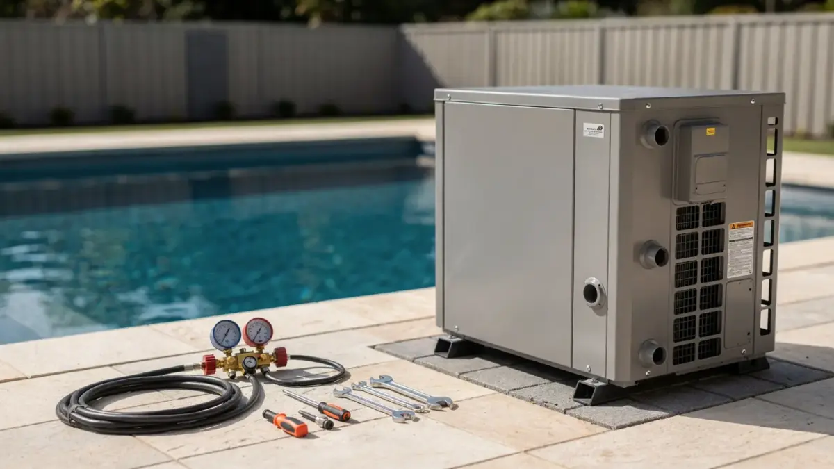 Poolwärmepumpe am Beckenrand mit Werkzeugen zur Reparaturkosten-Einschätzung