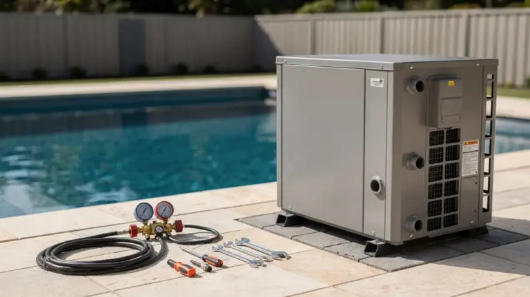 Poolwärmepumpe am Beckenrand mit Werkzeugen zur Reparaturkosten-Einschätzung