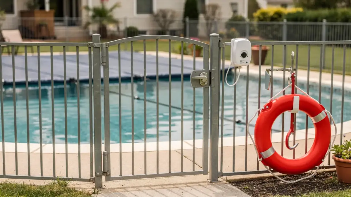 Abgesicherter Pool im Garten mit Zaun und Abdeckung zum Thema Pool-Kindersicherung Recht