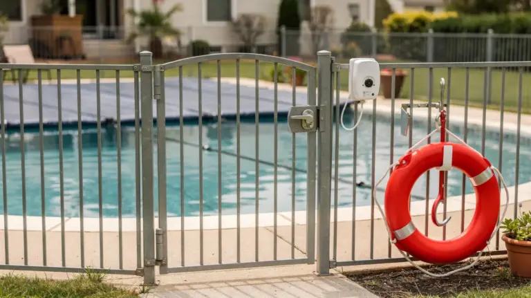 Abgesicherter Pool im Garten mit Zaun und Abdeckung zum Thema Pool-Kindersicherung Recht