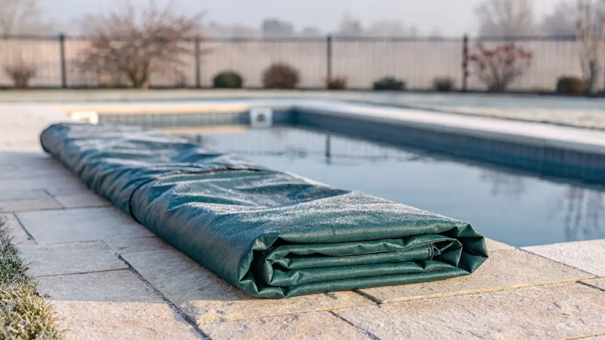 Pool auf Frost und Schnee vorbereitet mit Abdeckung, niedrigem Wasserstand und leichter Reifschicht