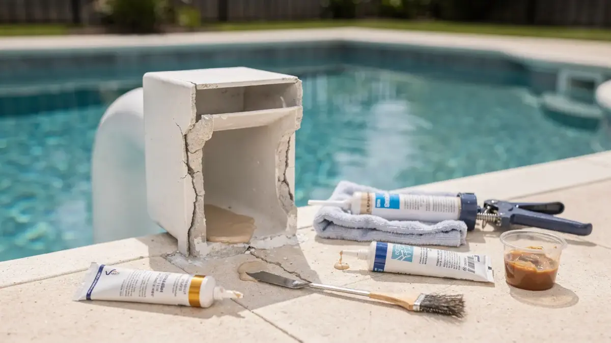 Poolskimmer mit Riss und Abdichtungsmaterial für die Reparatur eines Skimmergehäuse-Risses