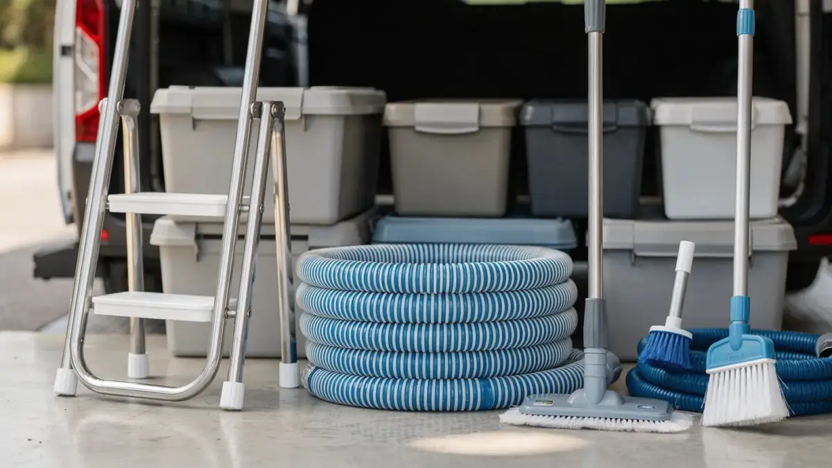 Poolzubehör für den sicheren Transport in Kisten und neben einer zusammengeklappten Leiter