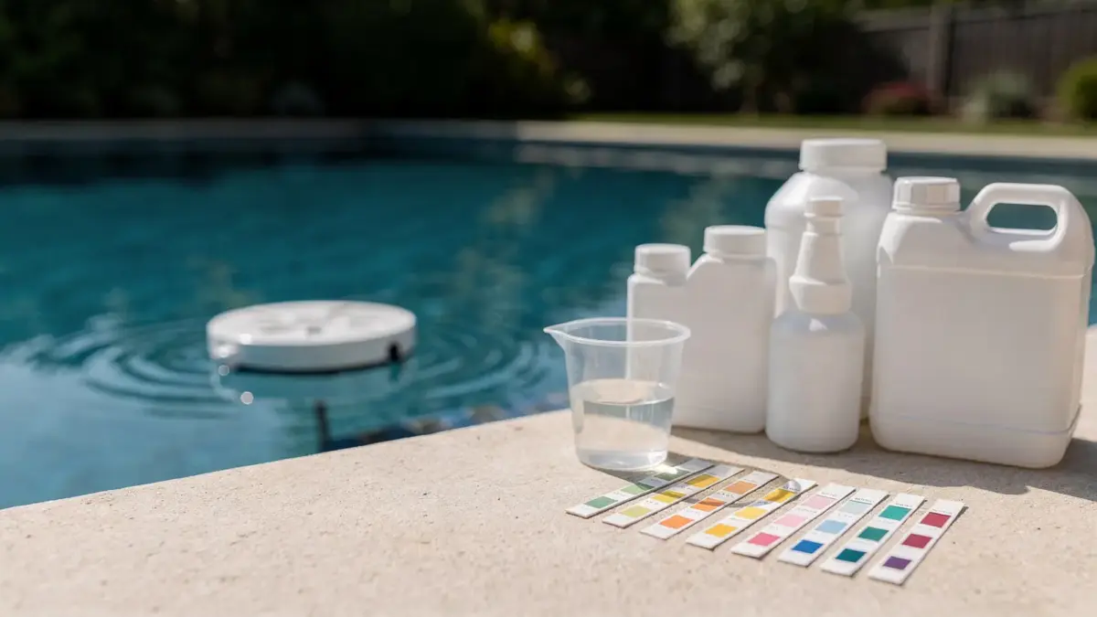Poolchemie und Umweltauflagen: Teststreifen, Dosierer und Chemikalien am privaten Pool