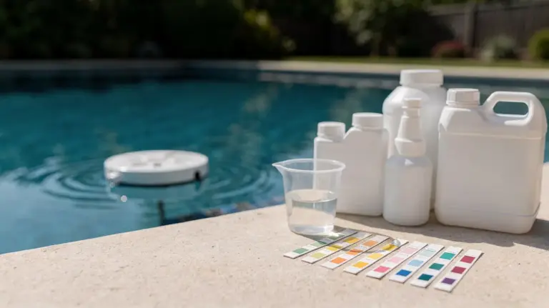 Poolchemie und Umweltauflagen: Teststreifen, Dosierer und Chemikalien am privaten Pool