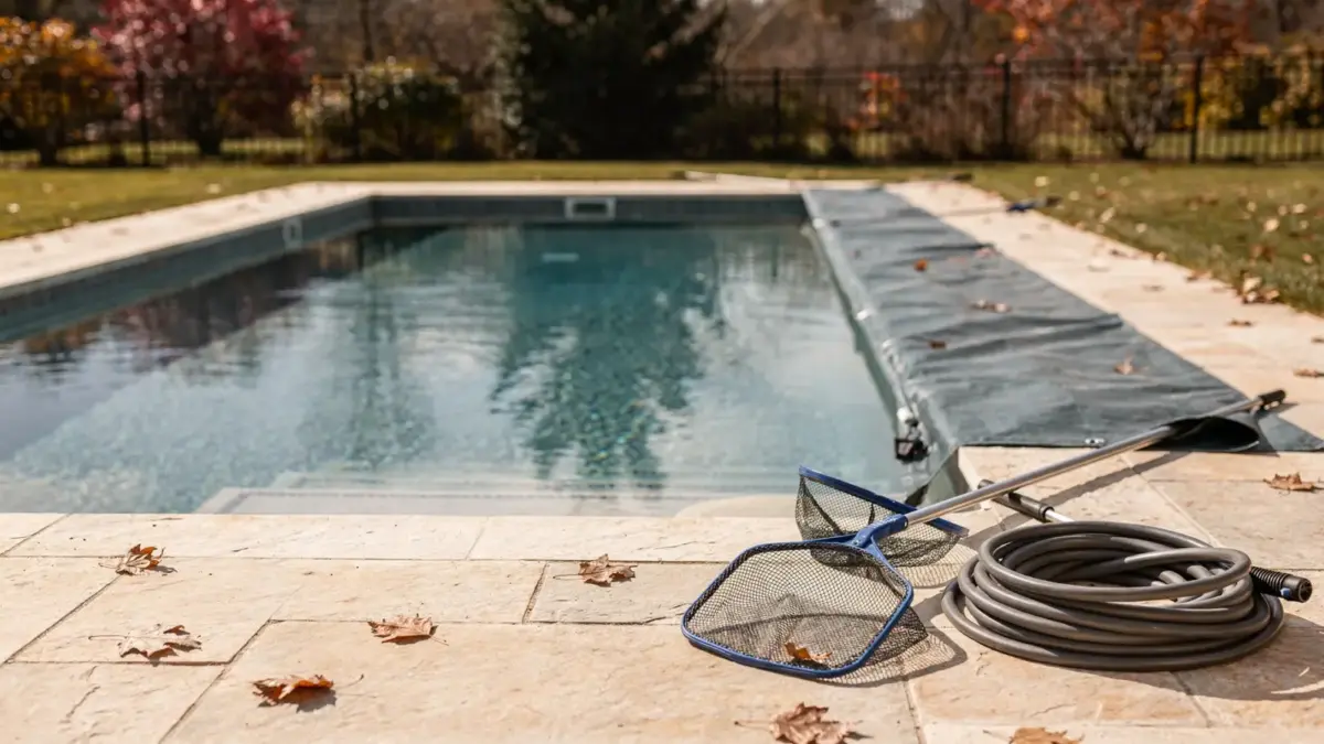Pool vor dem Winter reinigen: Pool, Reinigungswerkzeug und Winterabdeckung zur Vorbereitung auf die Winterpause