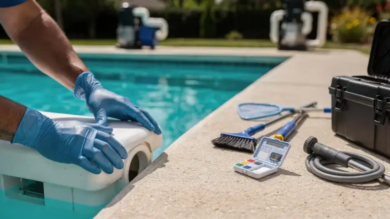 Pool-Sicherheitscheck zur Inbetriebnahme mit Technikprüfung an Skimmer, Pumpe und Beckenrand