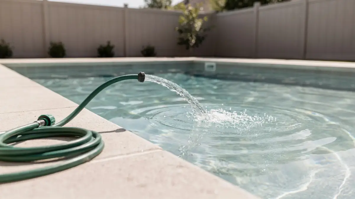 Pool wird mit Leitungswasser aus einem Gartenschlauch gefüllt