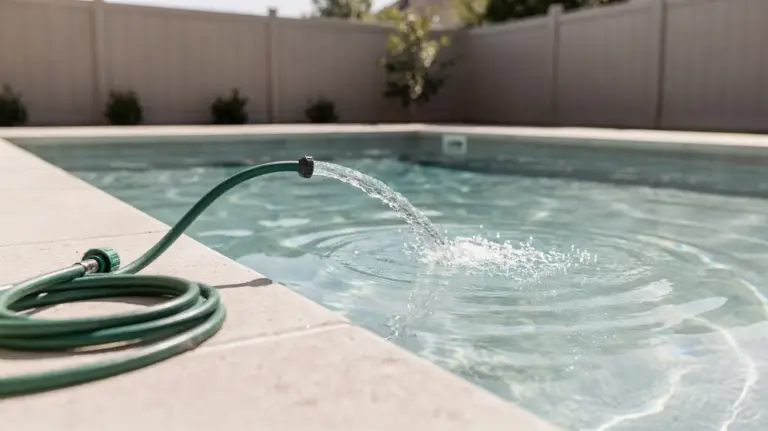 Pool wird mit Leitungswasser aus einem Gartenschlauch gefüllt