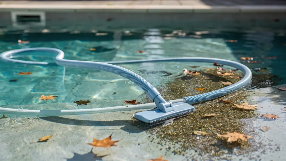 Poolboden vor dem Winter absaugen mit Poolreiniger und Schmutz am Beckenboden