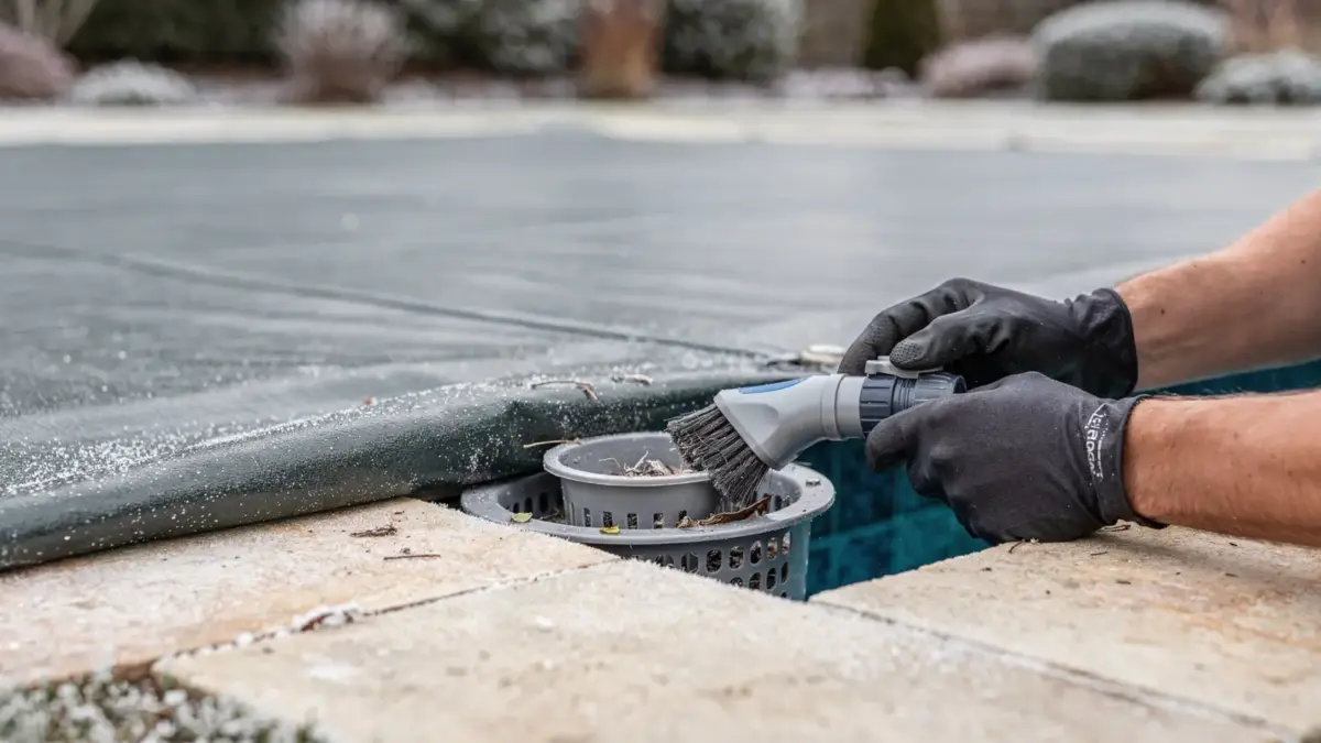 Skimmer reinigen im Winter an einem Pool, um die Pooltechnik vor Frost zu schützen