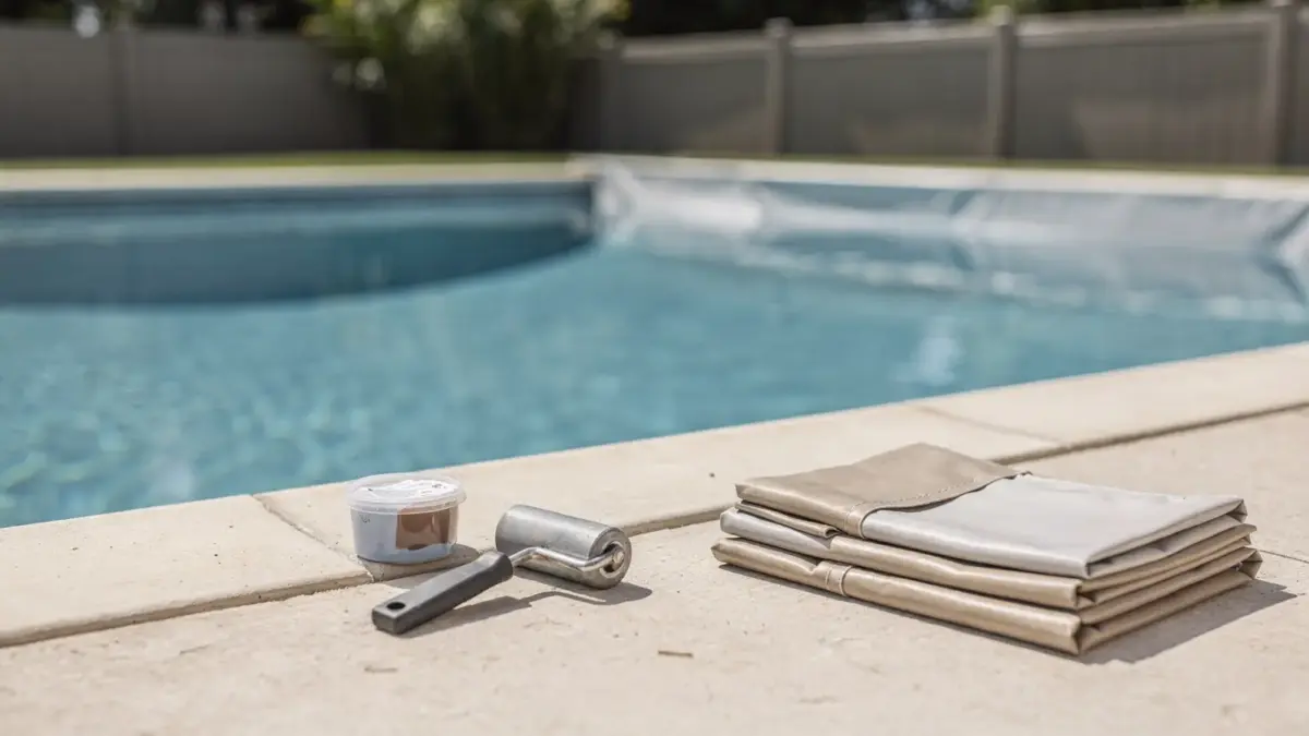 Poolfolie reparieren mit Flicken und Werkzeug am Schwimmbecken