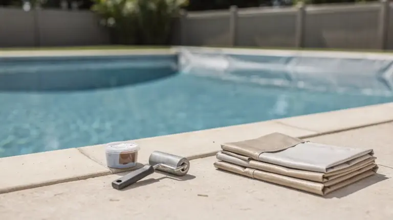 Poolfolie reparieren mit Flicken und Werkzeug am Schwimmbecken
