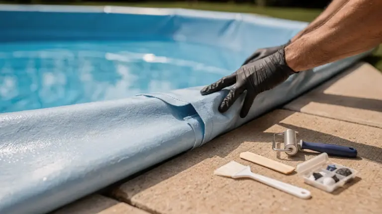 Undichte Poolfolie bei der Kontrolle am Schwimmbecken mit Reparaturwerkzeug