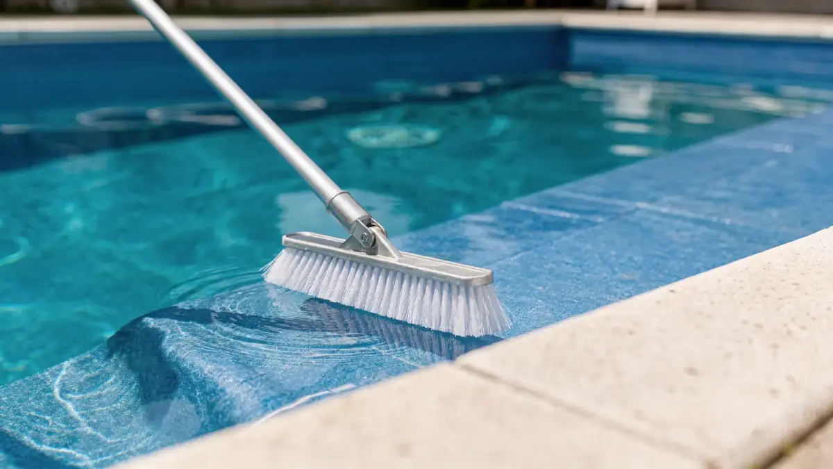 Poolbürste für Folienpool neben Telestkopstange am Beckenrand eines Folienpools