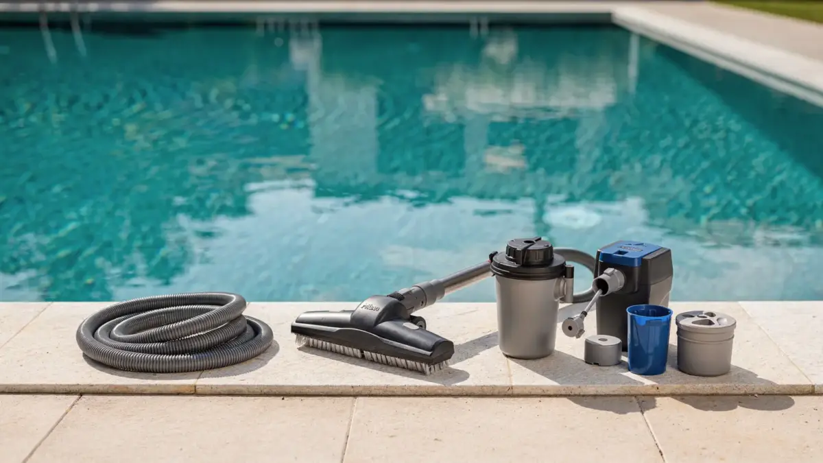 Poolsauger für den Boden neben einem gepflegten Pool mit Schlauch und Filterzubehör