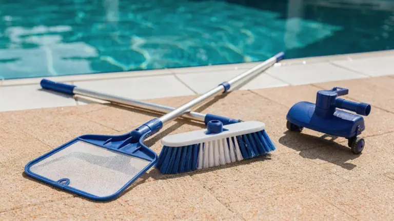 Teleskopstange für den Pool mit Kescher, Bürste und Zubehör am Beckenrand