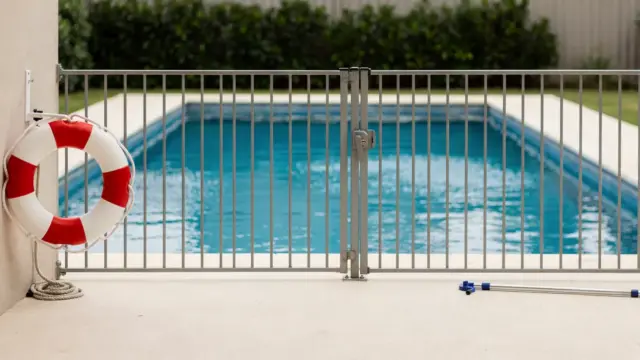 Sicherer Poolbereich mit Zaun, verschlossenem Tor, Rettungsring und rutschfestem Boden zur Poolsicherheit