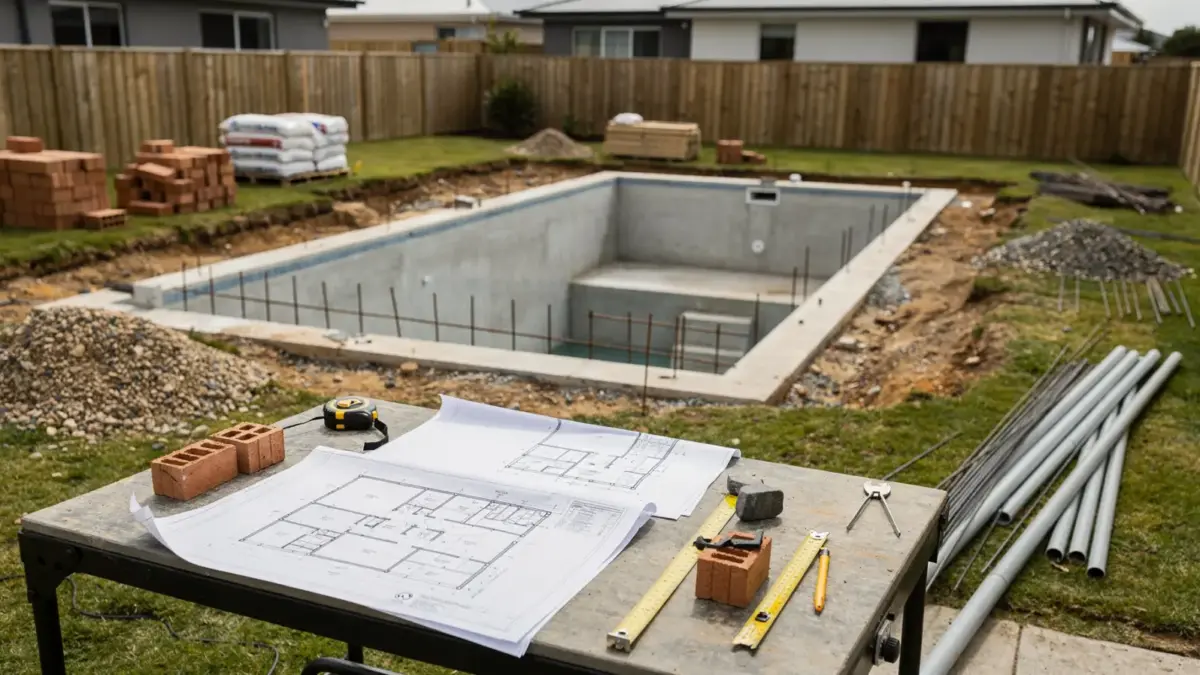 Hinterhof mit Pool im Bau und Bauunterlagen zum Thema Baugenehmigung für Pools