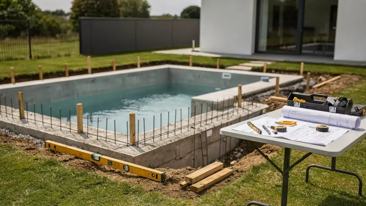 Baugenehmigung für den Pool: teilfertiger Gartenpool mit Bauunterlagen und Messwerkzeug