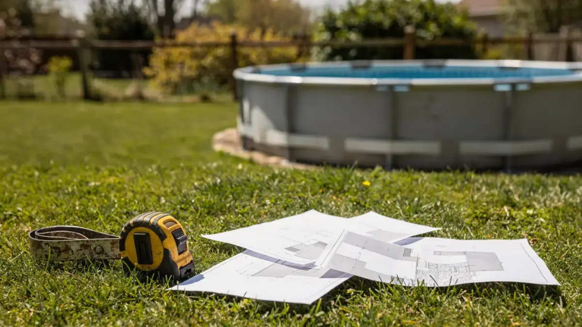 Aufstellpool im Garten mit Unterlagen zur Meldepflicht und Grundstücksplanung