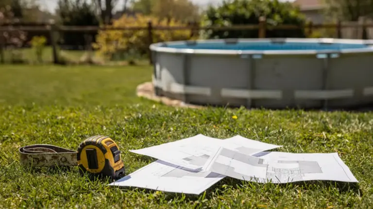 Aufstellpool im Garten mit Unterlagen zur Meldepflicht und Grundstücksplanung