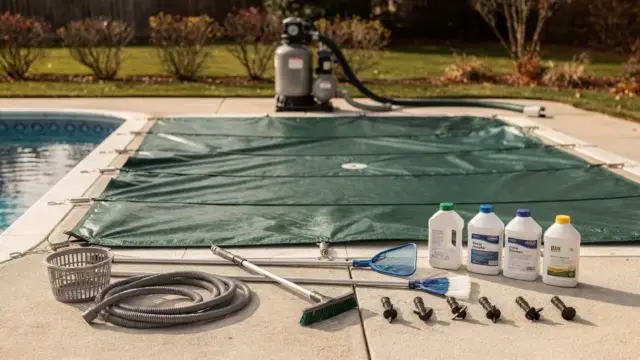 Pool überwintern mit Abdeckung, Winterzubehör und Wartungsgeräten zur Vorbereitung auf den Winter