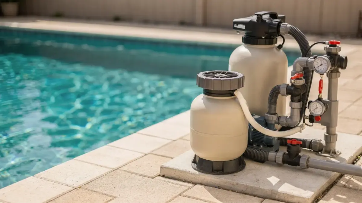 Poolpumpe und Filteranlage am befüllten Pool für das Thema Poolpumpe nach dem Befüllen starten