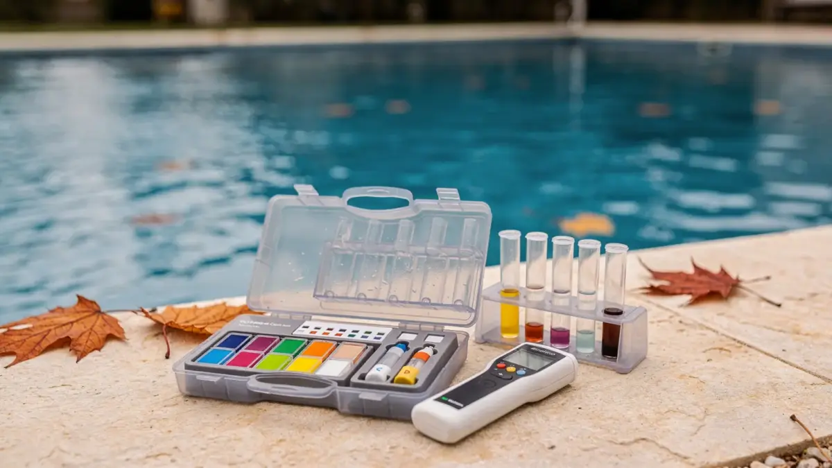 Pool-Wassertest vor dem Einwintern mit Testkit und Messgerät am Beckenrand
