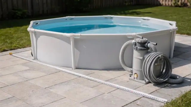 Poolbereich mit freistehendem Pool, Filteranlage und Maßband als Thema Pool kaufen