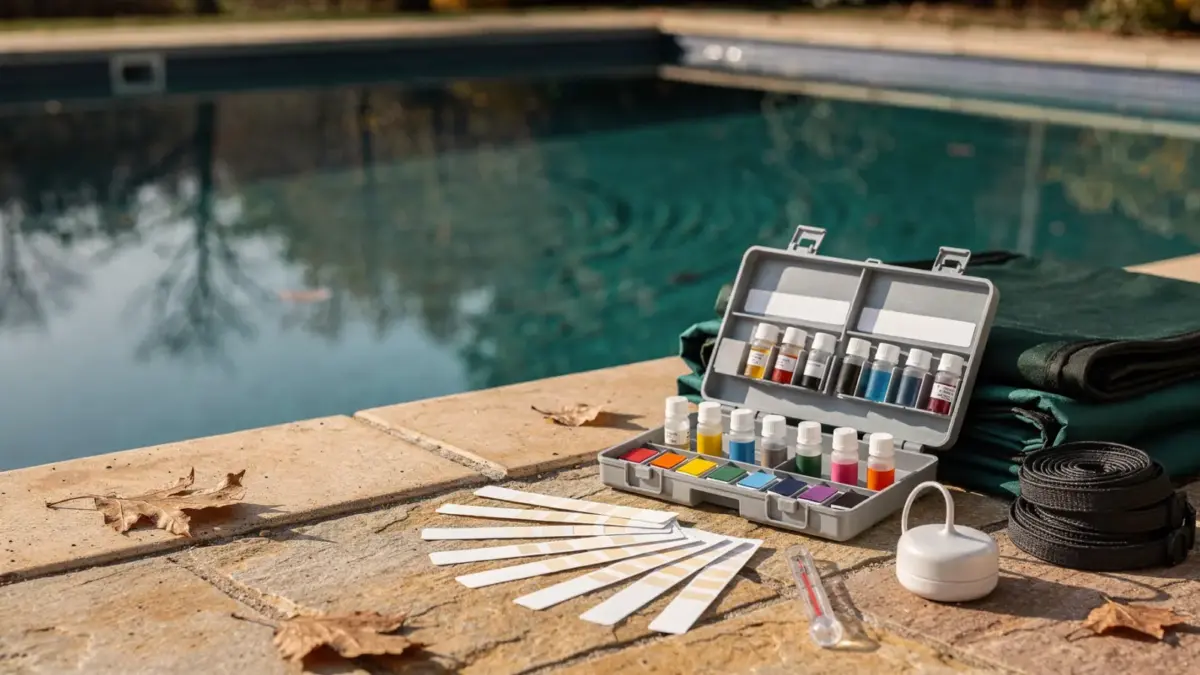 Pool-Testkit und pH-Messstreifen am Schwimmbecken vor dem Winter