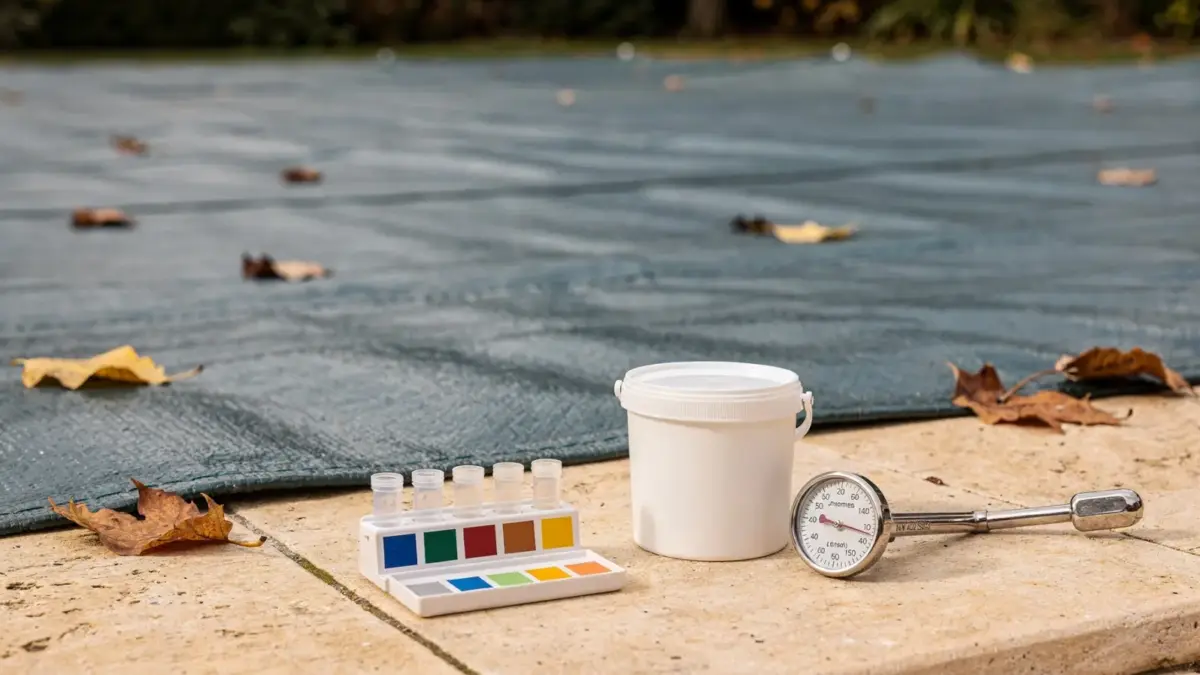 Pool im Herbst mit Testkit und Dosierbehälter zum Thema Chlor im Pool vor dem Winter