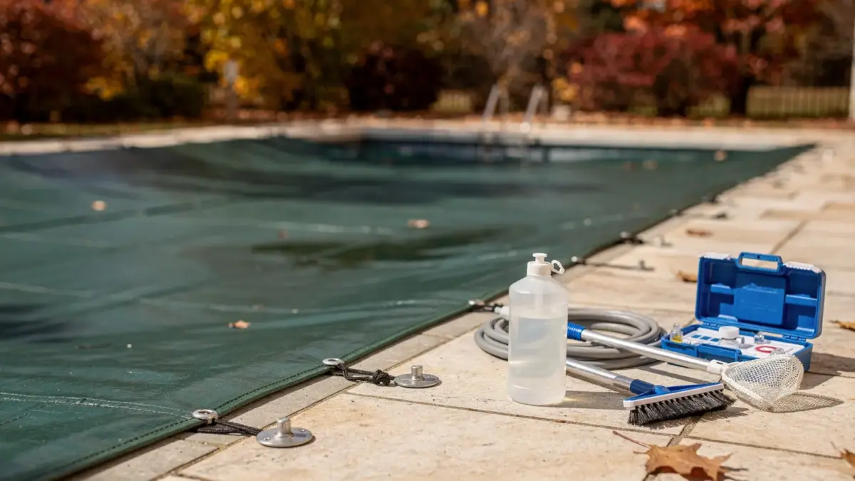Pool mit Abdeckung und Algizid zur Einwinterung im Pool