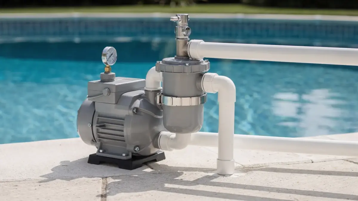 Poolpumpe und Filteranlage am Schwimmbecken als Motiv zum Thema Poolpumpe fördert nicht