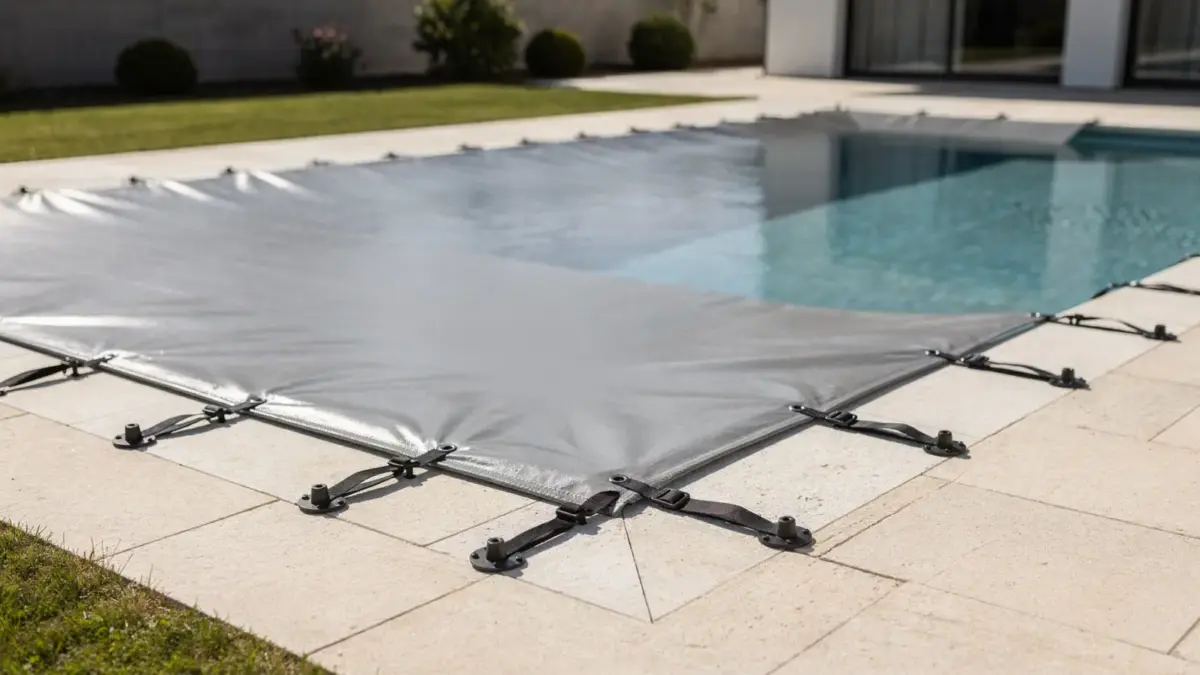 Gesicherte Poolabdeckung auf einem Gartenpool zum Thema Poolabdeckung Sicherheit