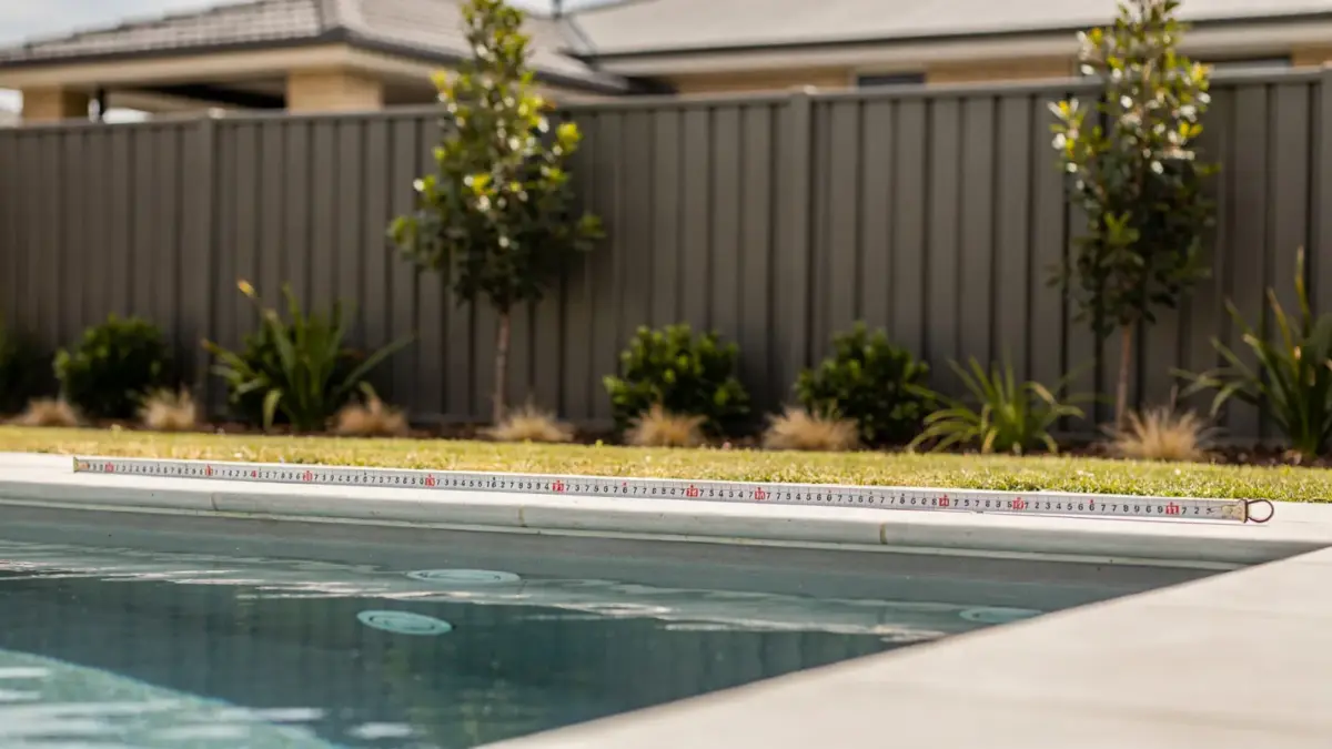 Pool im Garten mit Zaun und Maßband zum Thema Abstand zur Grundstücksgrenze
