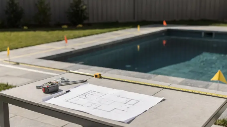 Maßband und Pool im Garten als Motiv zu Pool-Abstandsflächen beim Poolbau