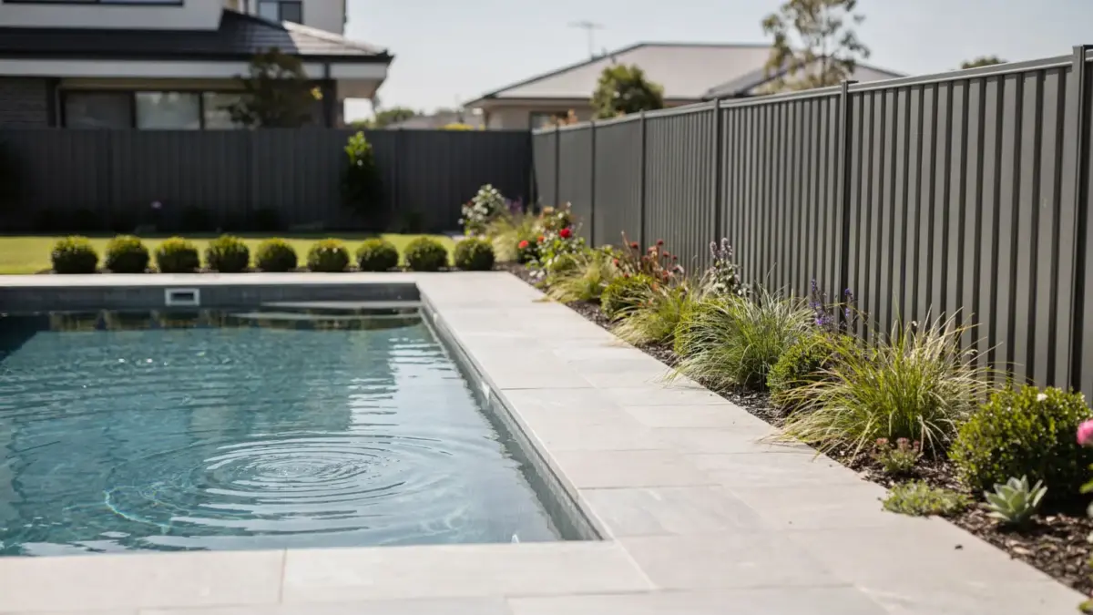 Pool im Garten nahe der Grundstücksgrenze mit Zaun und Terrasse zum Thema Abstand zur Grundstücksgrenze
