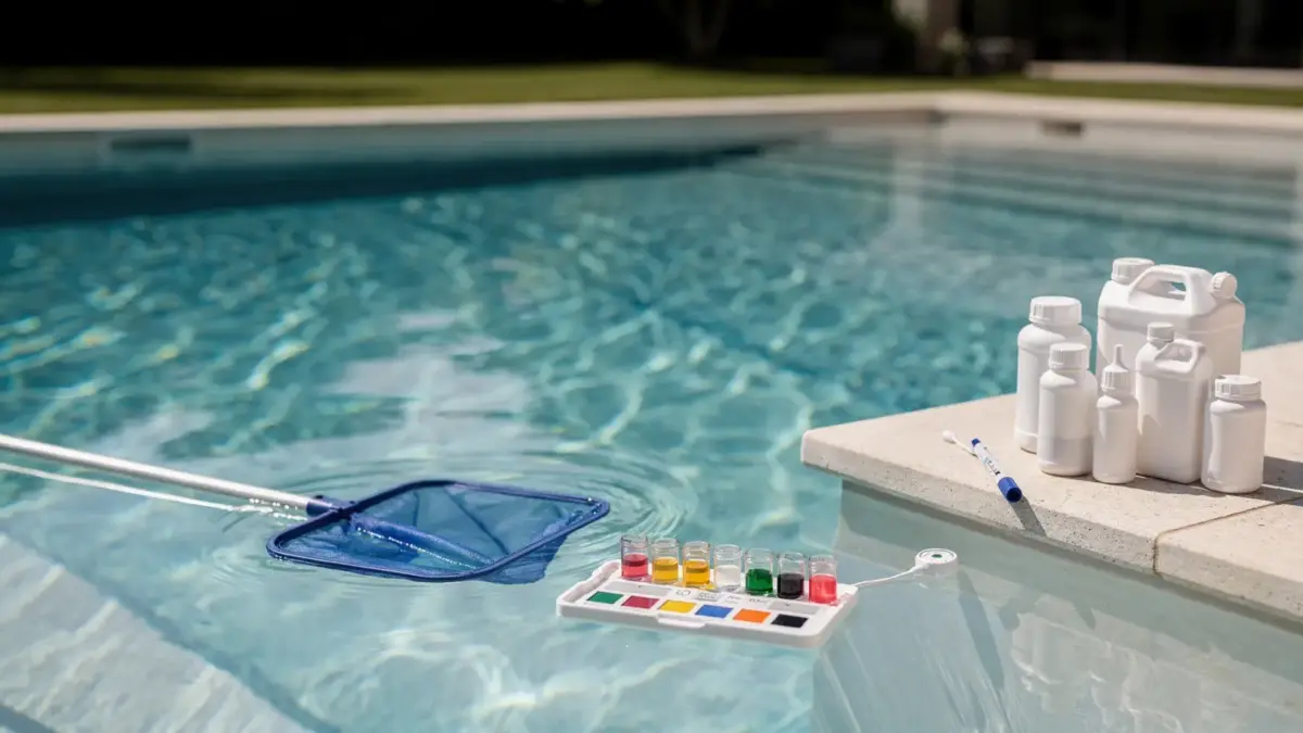 Poolwasser nach dem Befüllen starten mit Testkit und Poolzubehör am Beckenrand