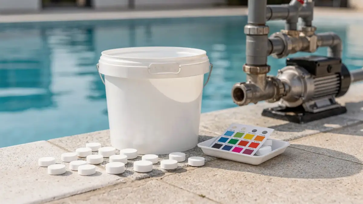 Poolpflege nach dem Befüllen: Chlorzugabe mit Teststreifen und Technik am Schwimmbecken